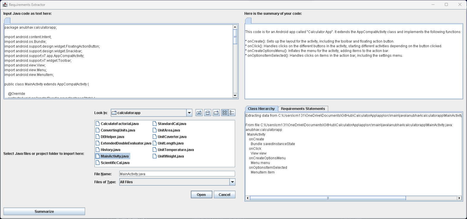 Automated Framework to Extract Software Requirements from Source Code user interface